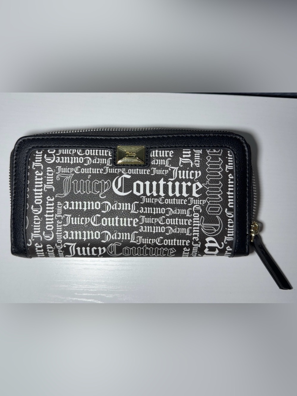 Juicy Couture Black Wallet with White Logo Print and Gold Accent